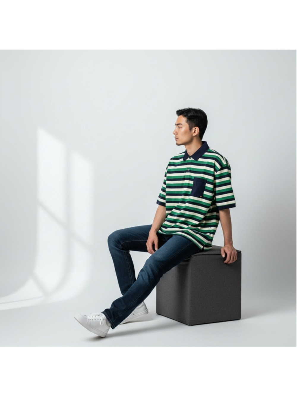 XL Men's EXTRACURRICULAR Polo Green Navy white Classic Striped Preppy Shirt